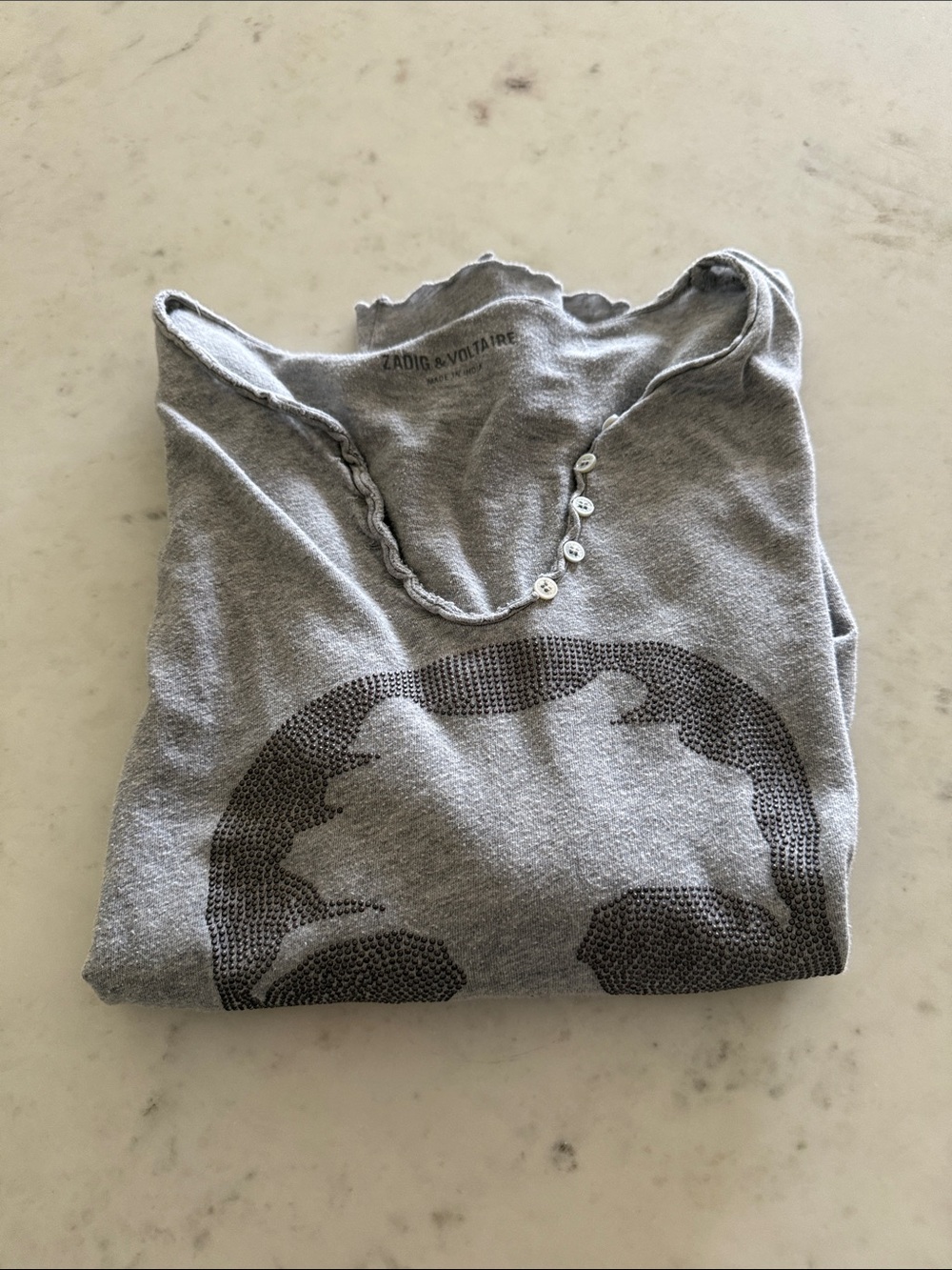 Zadig & Voltaire Heather Gray Studded Skull Long Sleeve Tee